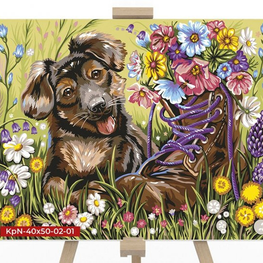 Pictură pe numere (cățeluș și flori)
